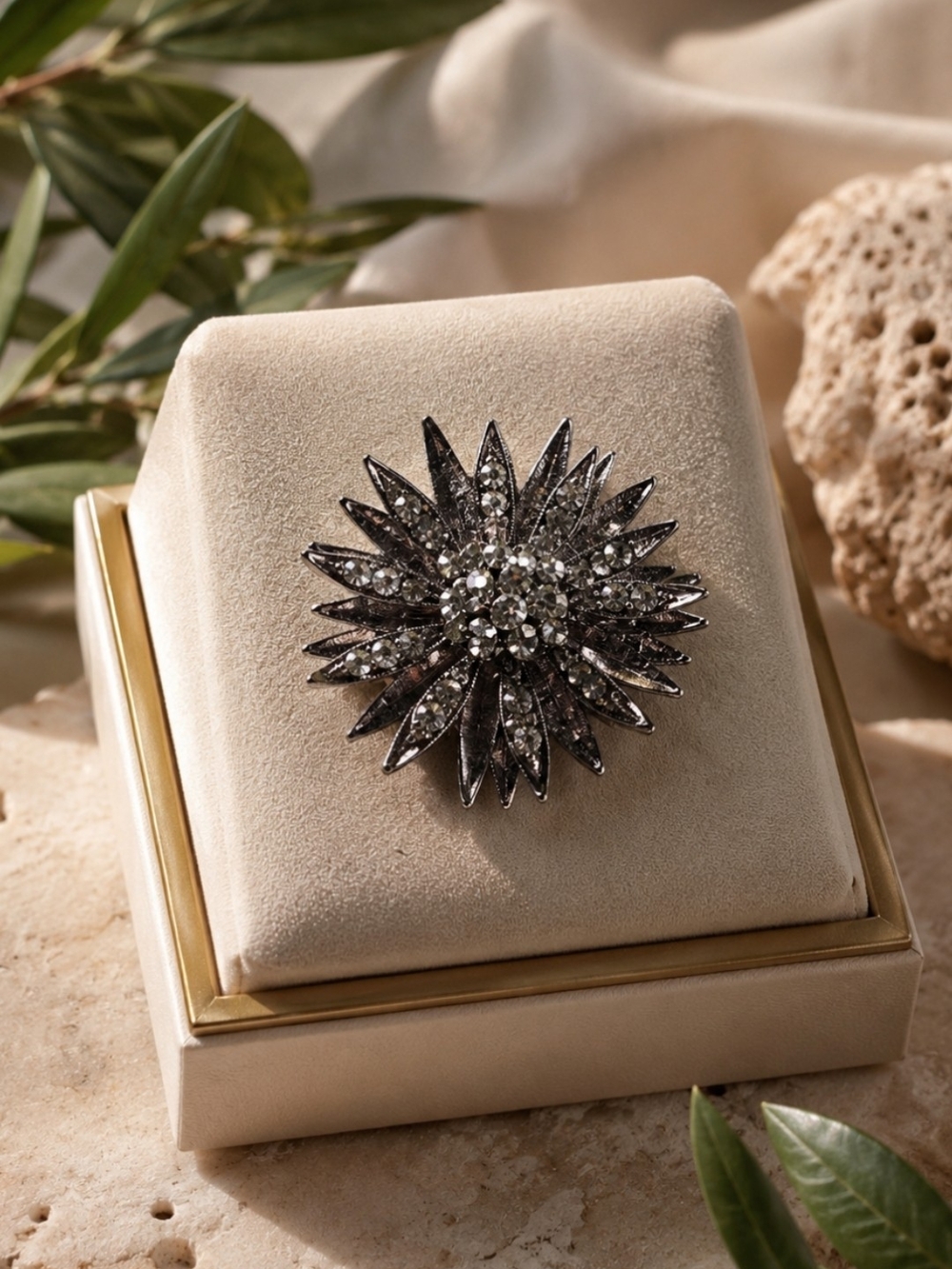 Crystal Sunburst Brooch - Black Crystal Floral Pin